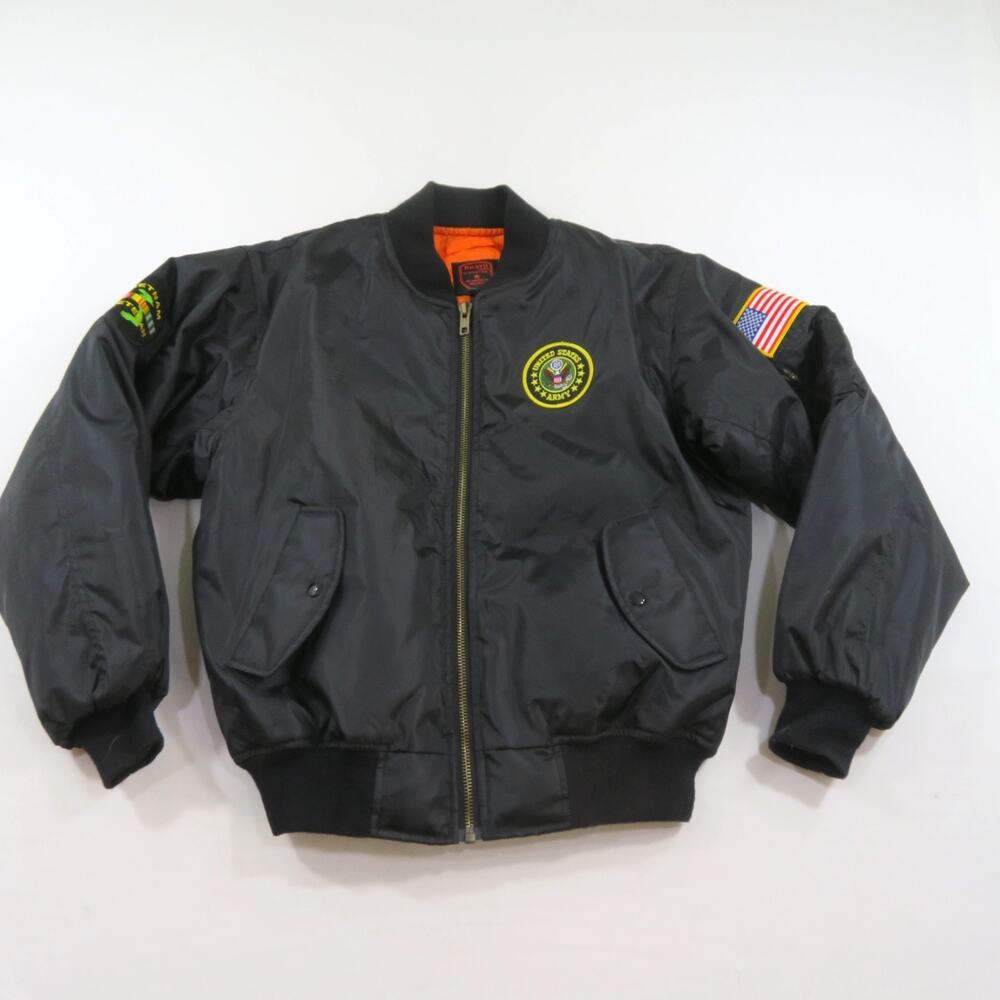 BRAVO Brand Reversible MA-1 Flyers-Style Jacket Black Zip Sz S Vietnam Patches